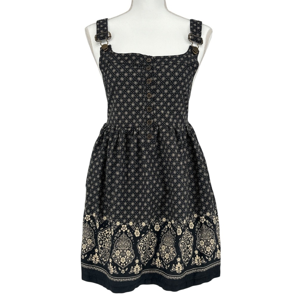 Princess Vera Wang Black Pinafore Dress Medallion Print Button Front Boho